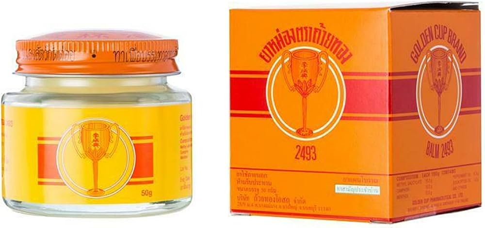 Golden Cup Balm small jar and packaging Thai herbal ointment for rheumatism and sprains