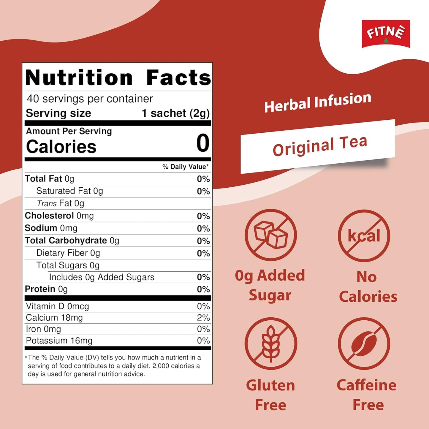 Fitne Herbal Slimming Tea 40 Bags nutrition facts and brewing instructions