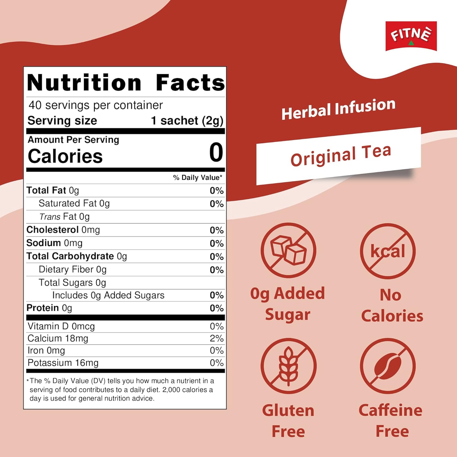 Fitne Herbal Slimming Tea 40 Bags nutrition facts and brewing instructions