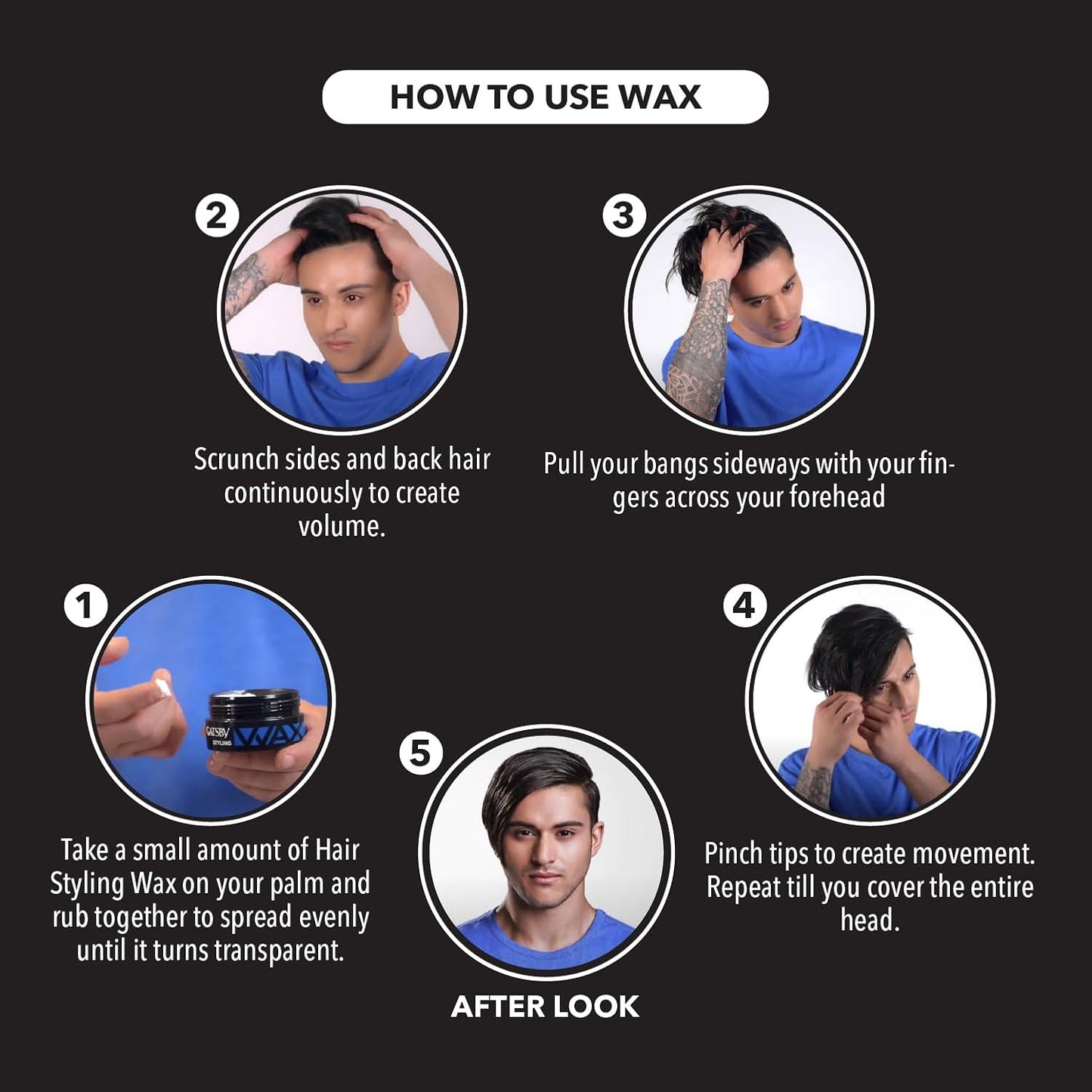 Gatsby Hard Free Wax hairstyle styling guide with messy scrunch hair examples and blue wax jar