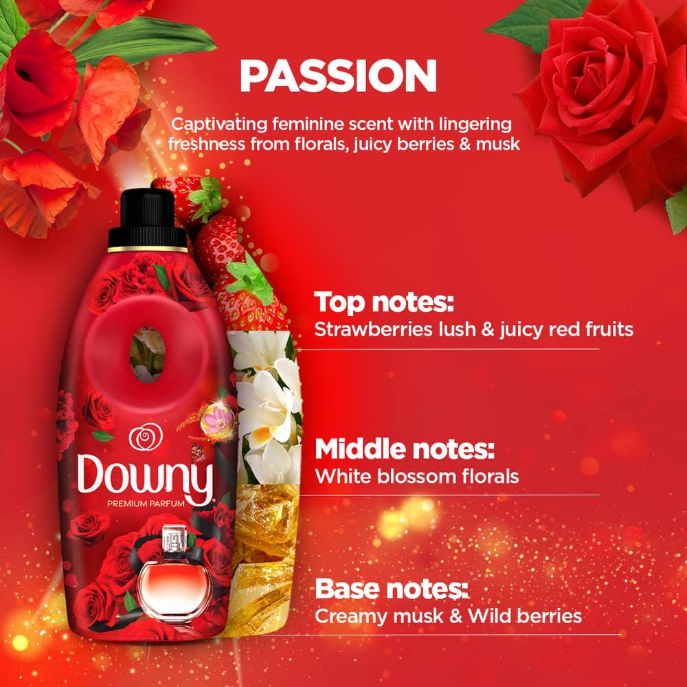 Downy Passion Fabric Softener premium parfum bottle and refill pack display