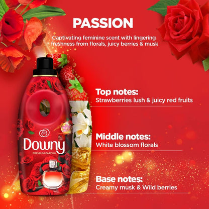 Downy Passion Fabric Softener premium parfum bottle and refill pack display