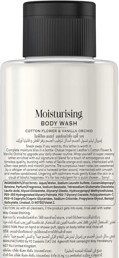 Imperial Leather Body Wash Cotton Flower & Vanilla Orchid 500ml moisturizing shower gel bottle with label details.
