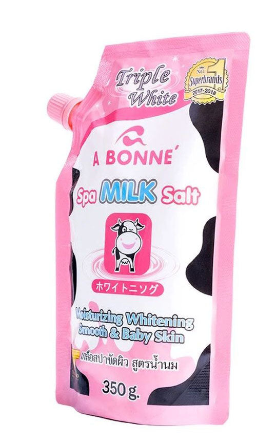 A Bonne Spa Milk Salt angled view pouch triple white milk salt scrub