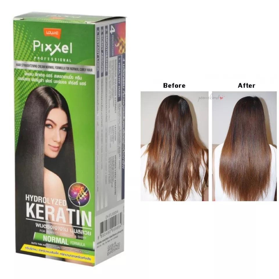 Before and after hair results using LOLANE Pixxel Hair Straightening Cream showing smooth straight finish