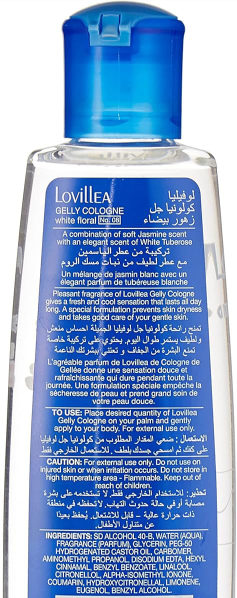 Lovillea White Floral Cologne bottle back view displaying product description and usage details