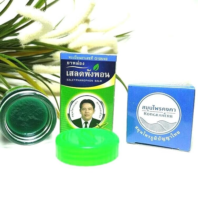 Mho-Iang Salet Phangphon Balm 50g herbal massage balm jar and box with green balm inside