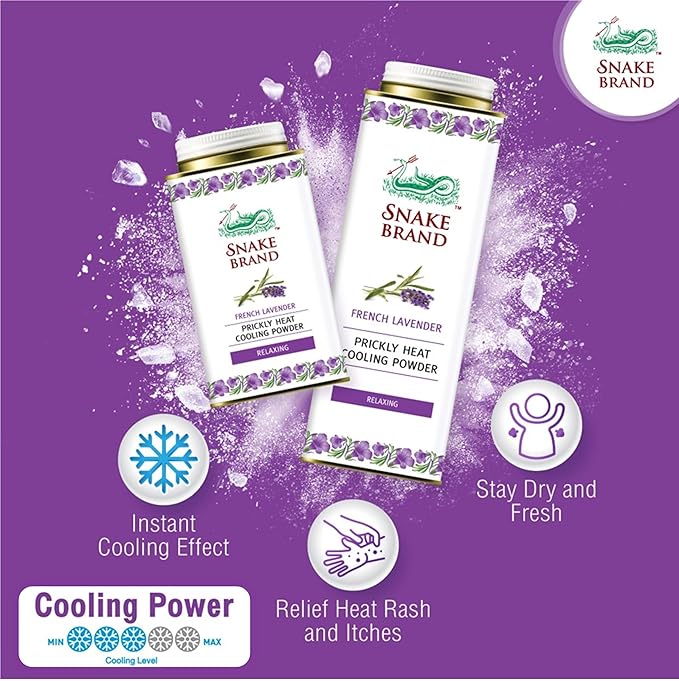 Snake brand prickly heat powder Relaxing French Lavender twin pack display emphasizing soothing and cooling benefits.