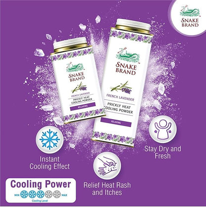 Snake brand prickly heat powder Relaxing French Lavender twin pack display emphasizing soothing and cooling benefits.
