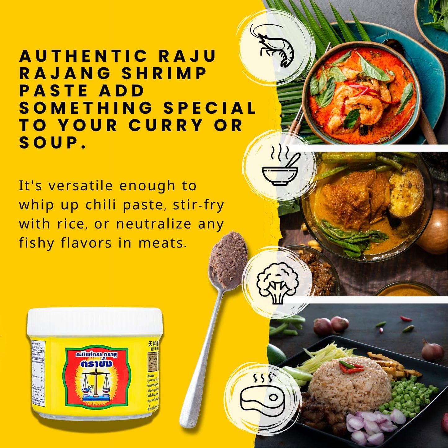 A collage showing the Trachang shrimp paste jar alongside various Thai dishes that can be made with it, such as curry and fried rice.