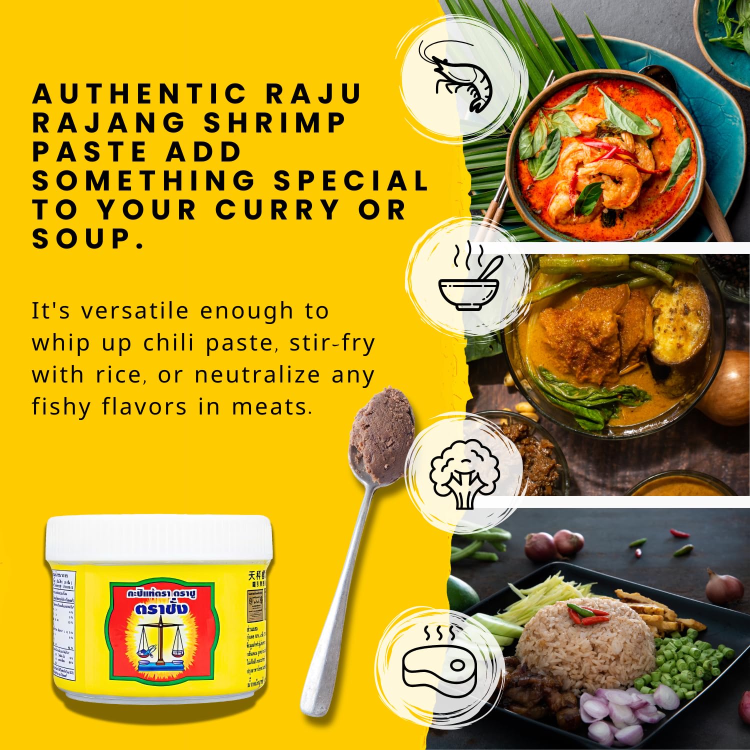 A collage showing the Trachang shrimp paste jar alongside various Thai dishes that can be made with it, such as curry and fried rice.