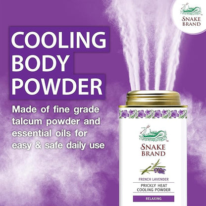 Snake brand prickly heat powder promotional image showing cooling body powder mist effect and lavender packaging design.