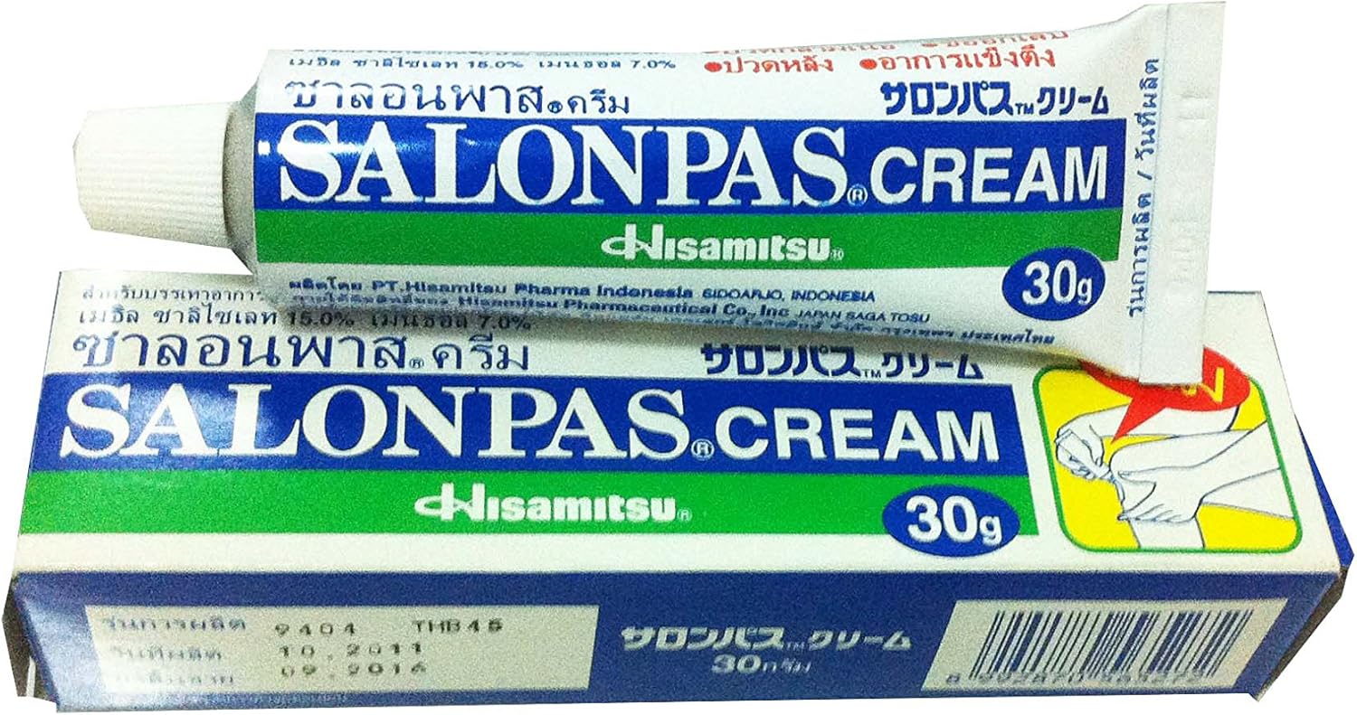 Salonpas Cream Pain Relief twin pack 30g tubes with blue and green Hisamitsu packaging for muscle and joint pain.