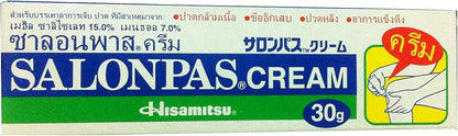 Salonpas Cream Pain Relief box and tube displayed together highlighting the 30g size and cool warming formula.
