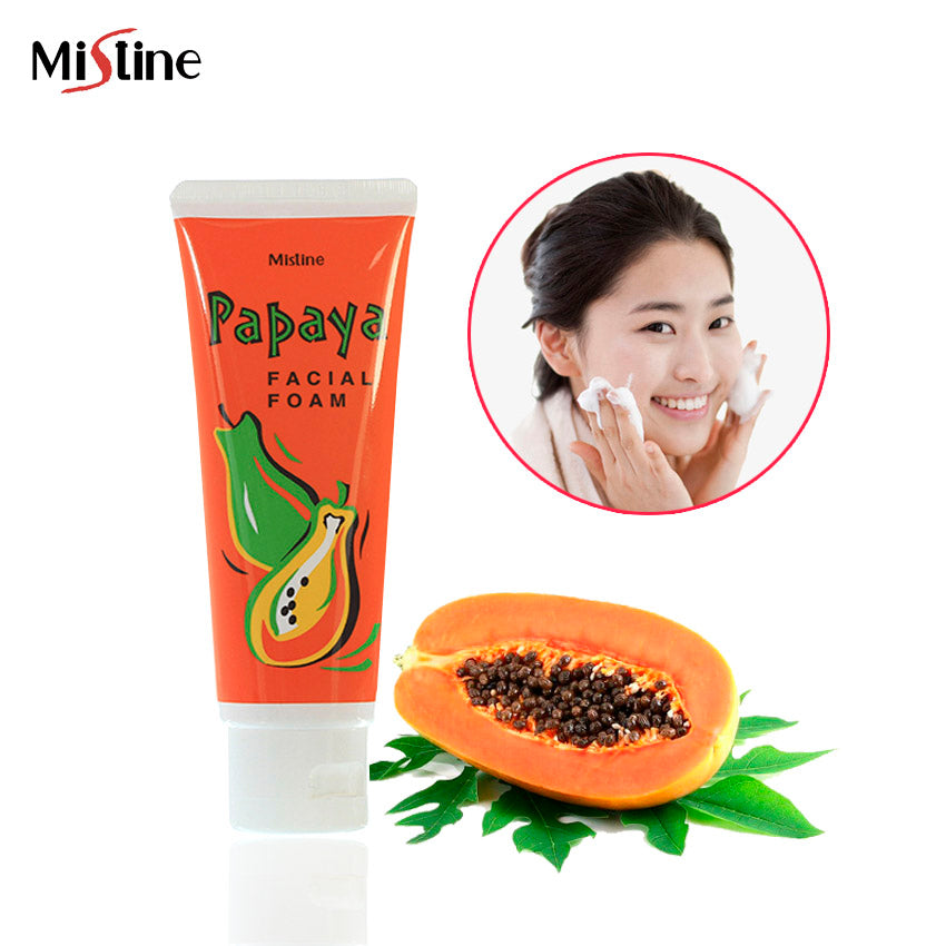 Mistine Papaya Facial Foam with papaya fruit and model showing clear skin