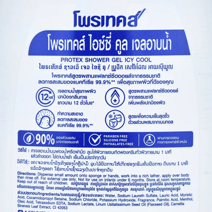 Back label of Protex Icy Cool Body Wash featuring product benefits and antibacterial details