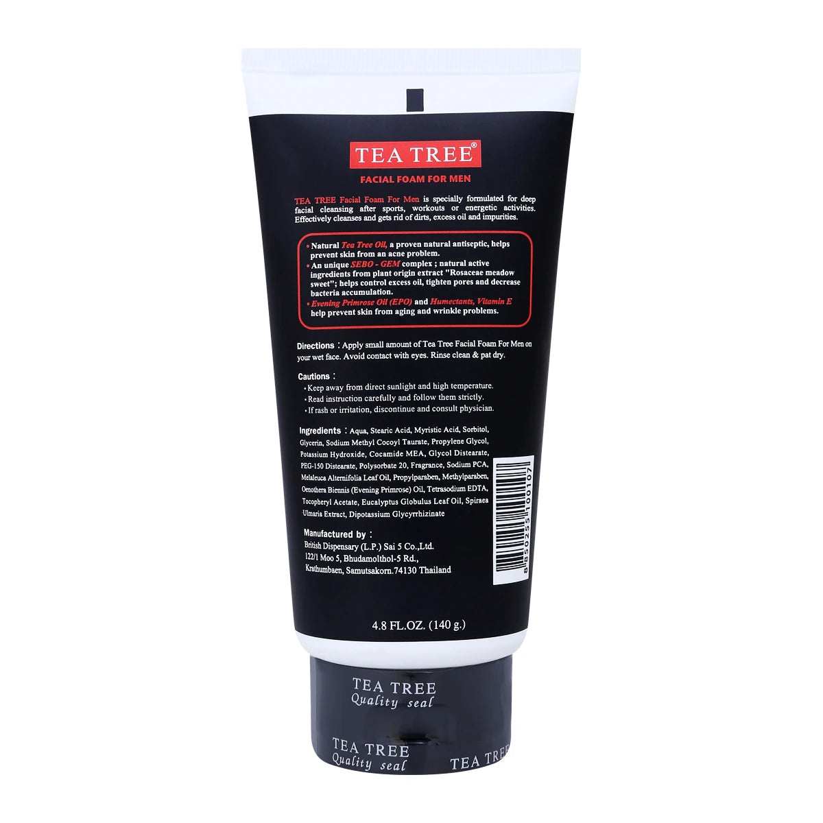 Tea Tree Men Foam Facial Cleanser Tube Packaging Back View 140ml