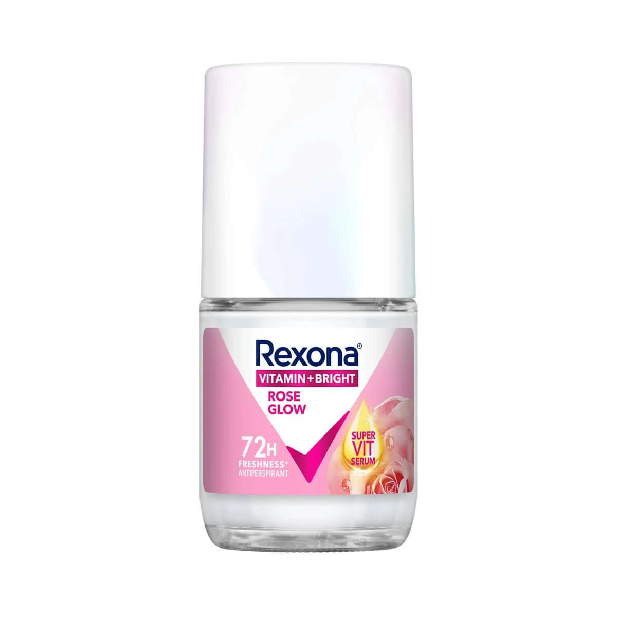 Rexona Rose Glow Roll On Advanced Bright Anti Perspirant Serum Care in a bottle with floral design.
