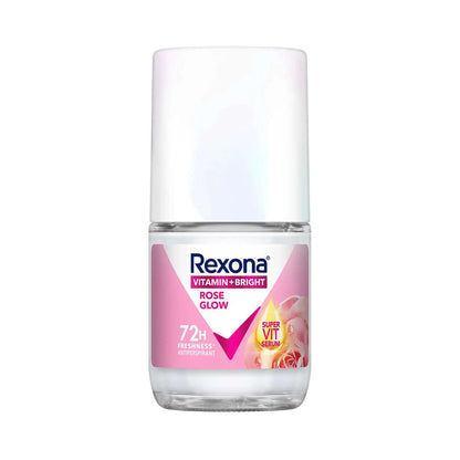 Rexona Rose Glow Roll On Advanced Bright Anti Perspirant Serum Care in a bottle with floral design.