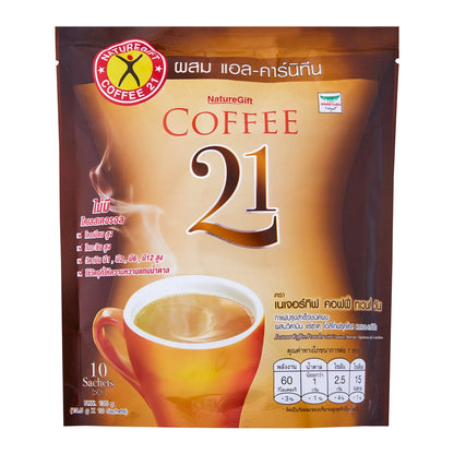 NatureGift Coffee 21 instant weight loss beverage with 10 sachets, rich coffee flavor, low fat, and sugar-free.
