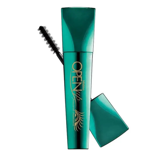 Mistine Open Up Peacock Mascara tube front view in green packaging