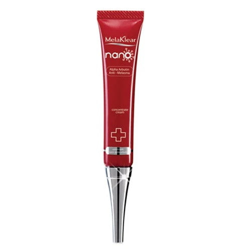 Melaklear Nano Alpha Arbutin Cream red tube packaging for dark spot and melasma treatment.