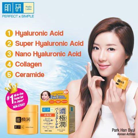 Hada Labo Perfect Gel promotional image with model holding product