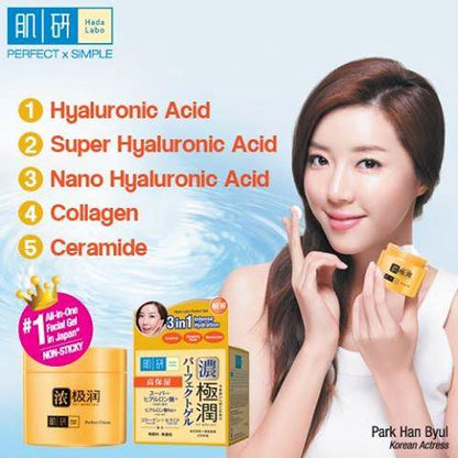 Hada Labo Perfect Gel promotional image with model holding product