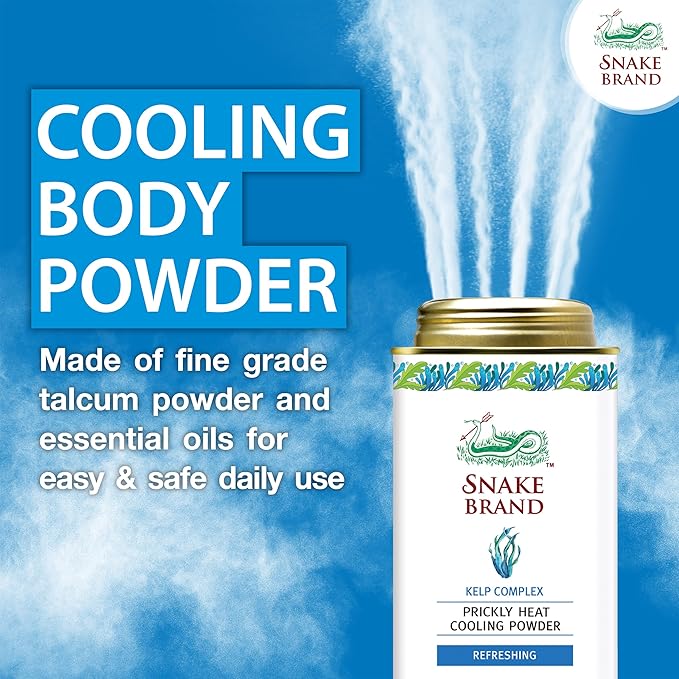Snake Brand Prickly Heat Cooling Powder Kelp Complex promotional image with blue background highlighting cooling body powder benefits.