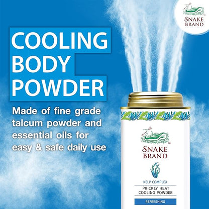 Snake Brand Prickly Heat Cooling Powder Kelp Complex promotional image with blue background highlighting cooling body powder benefits.