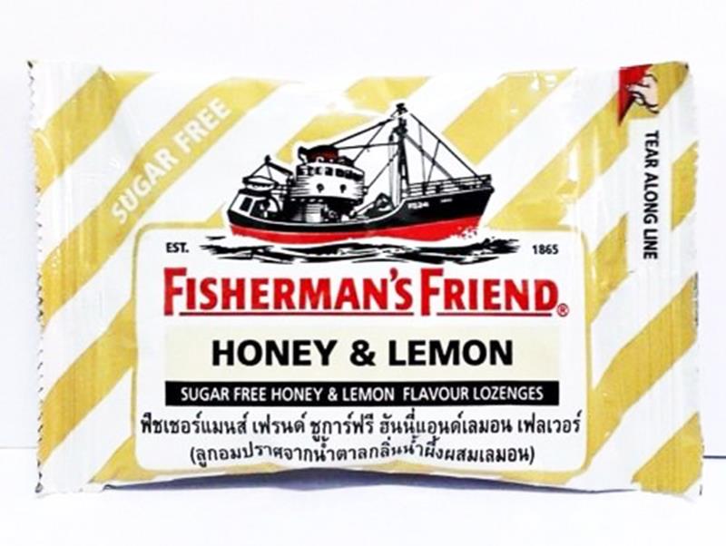Fisherman's Friend Honey Lemon Sugar Free Lozenges front package close up highlighting brand logo and flavor name