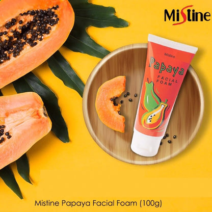 Mistine Papaya Facial Foam promotional image with papaya fruit and skincare theme