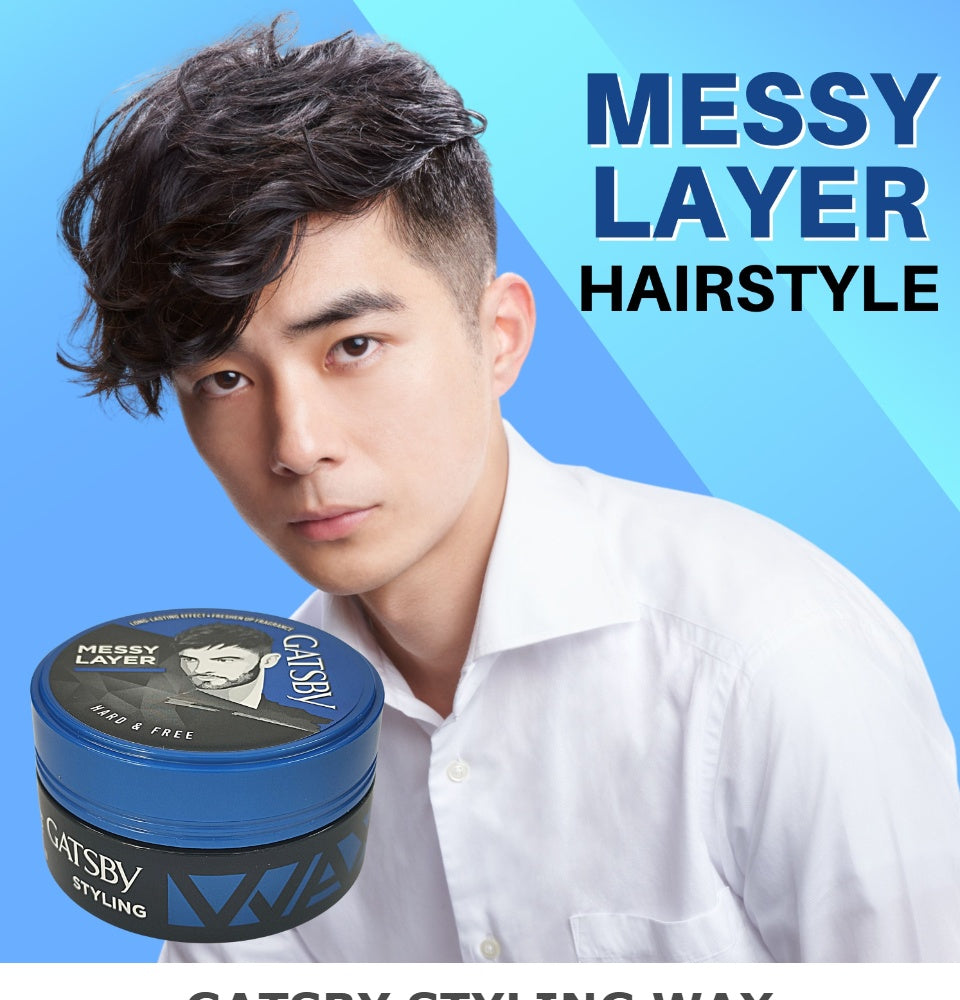 Gatsby Hard Free Wax messy scrunch hairstyle promotional image with blue styling wax jar