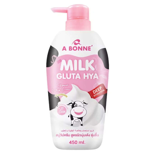 A Bonne Milk Gluta Shower Cream 450ml pump bottle with cow print and whip foam graphic on a plain background.