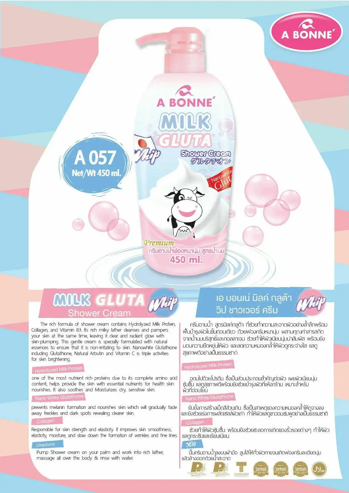 Promotional product infocard for A Bonne Milk Gluta Shower Cream featuring key features and benefits text.