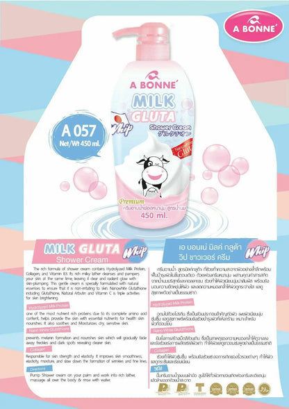 Promotional product infocard for A Bonne Milk Gluta Shower Cream featuring key features and benefits text.
