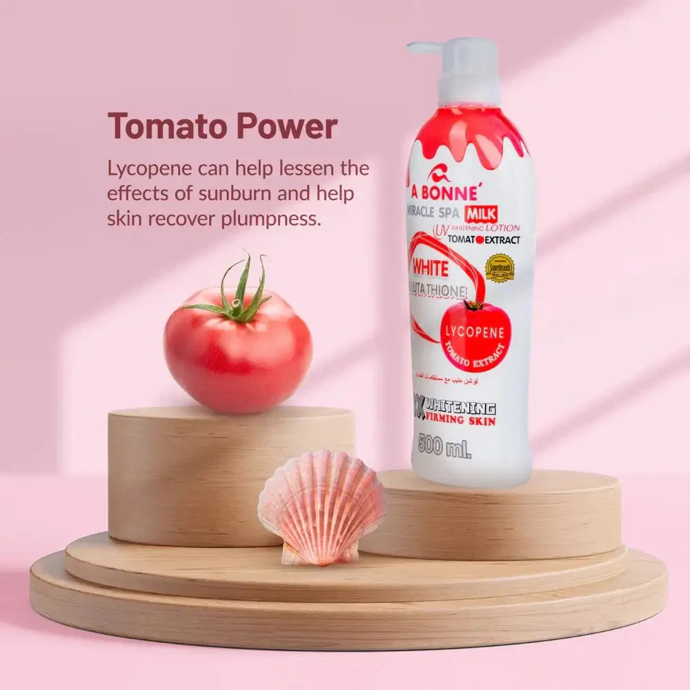 A Bonne Tomato Lotion tomato extract milk lotion display with tomato slices