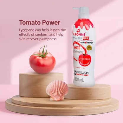 A Bonne Tomato Lotion tomato extract milk lotion display with tomato slices