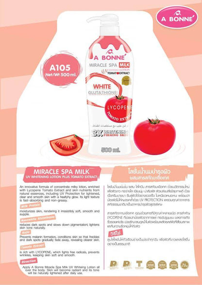 A Bonne Tomato Lotion Miracle Spa Milk UV 500ml with tomato extract for skin hydration and whitening.