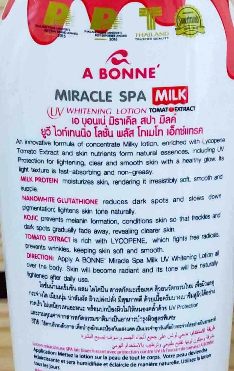 A Bonne Tomato Lotion Miracle Spa Milk UV 500ml bottle showcasing ingredients and benefits for skin care.