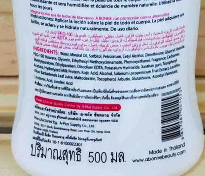 A Bonne Tomato Lotion Miracle Spa Milk UV 500ml product label back with ingredients and usage instructions.
