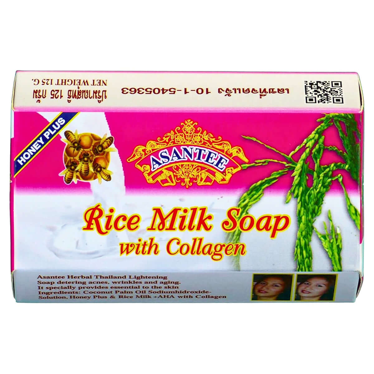 Asantee Rice Milk Soap packaging box with collagen and honey plus