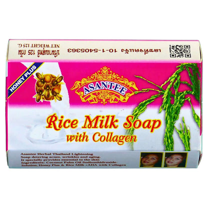 Asantee Rice Milk Soap packaging box with collagen and honey plus
