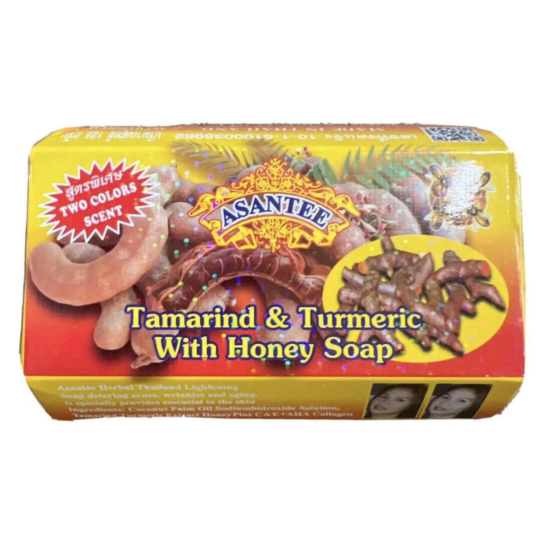 Asantee Tamarind Soap packaging box showing tamarind, turmeric, and honey illustrations on a white background.