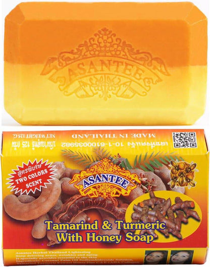 Asantee Tamarind Soap bar placed above its colorful packaging box on a plain background.