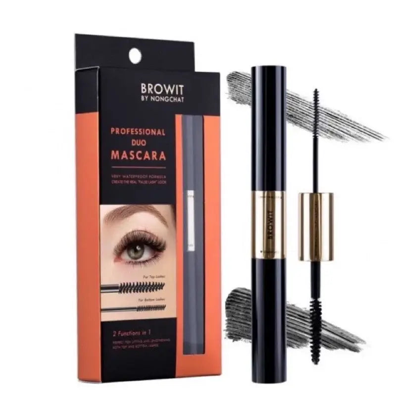BROWIT Professional Duo Mascara box shown alongside the dual-ended mascara tube with both brush applicators visible.