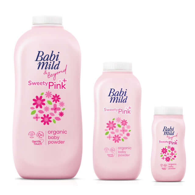 Babi Mild Baby Powder pink bottles in three different sizes