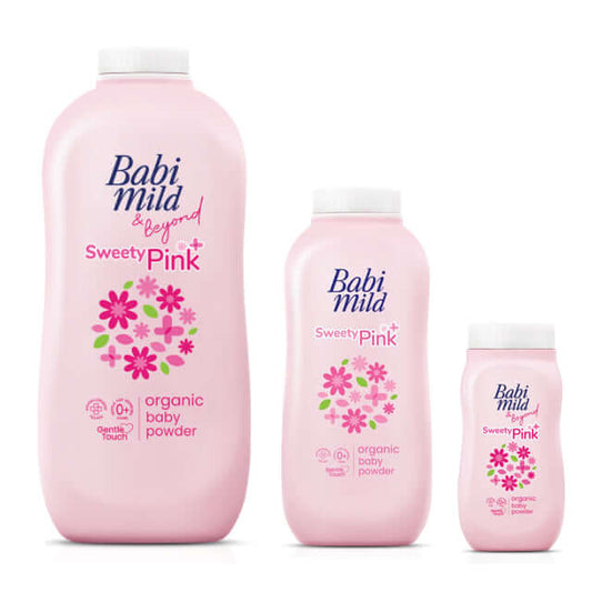 Babi Mild Baby Powder pink bottles in three different sizes