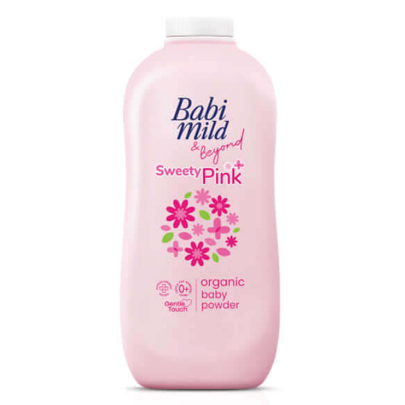 Babi Mild Baby Powder Sweety Pink Beyond front packaging with flower graphics