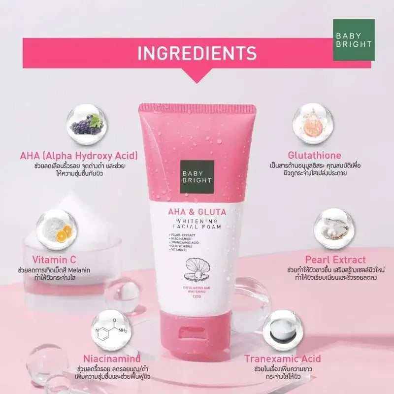 Baby Bright AHA Gluta Foam skincare set with facial cleanser and ingredients